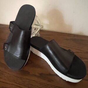 UGG Maire Platform Black Leather Slide Sandals with white sole size 5.5